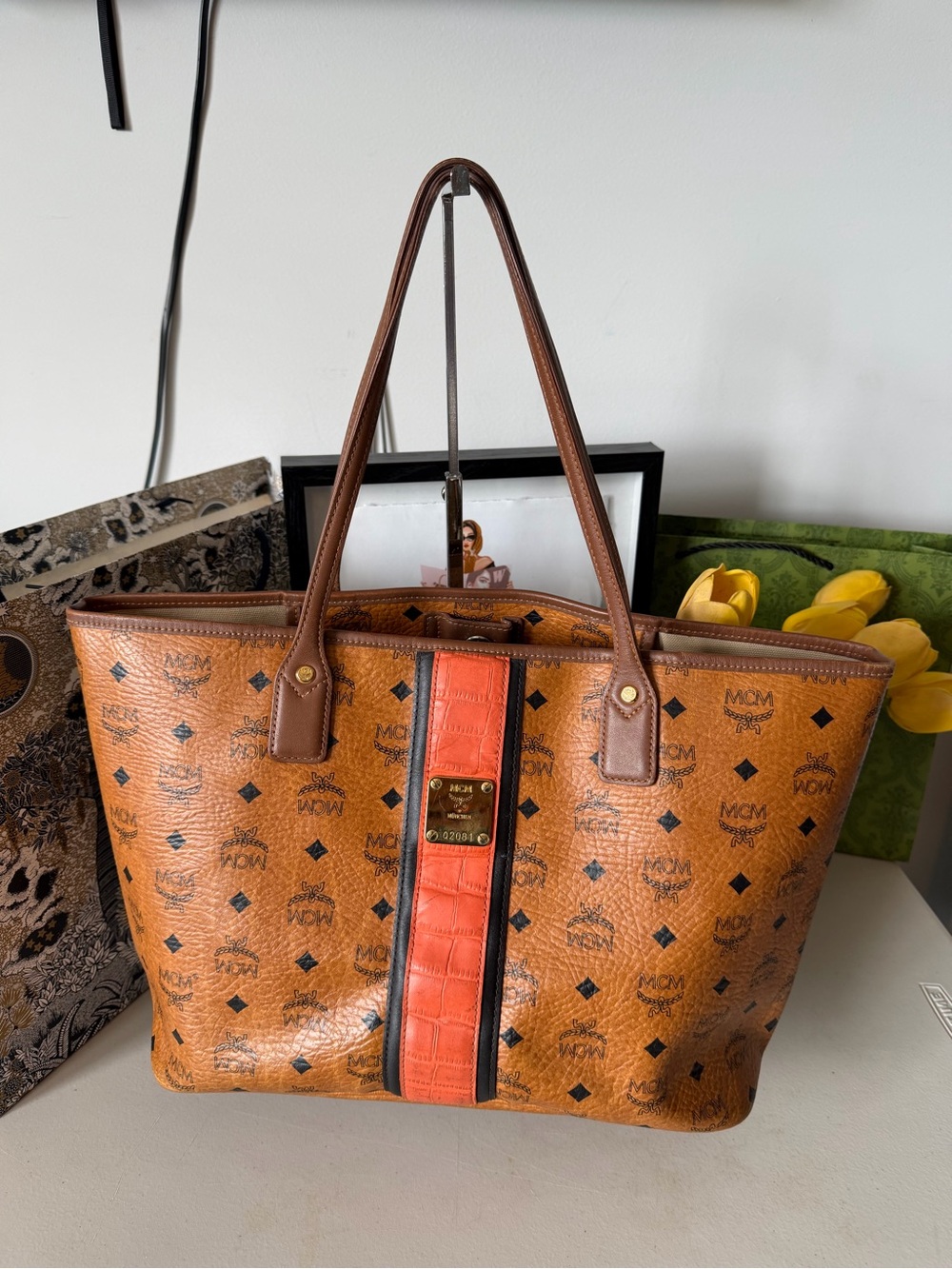 MCM Visetos Shopper Tote – Cognac with Orange Center Stripe - Picture 2 of 11